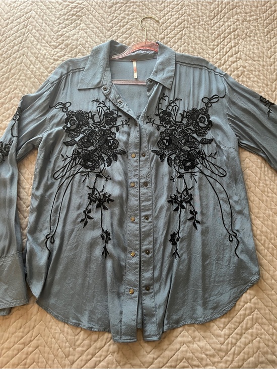 Free People Tops - Free People Light Blue Snap Shirt with Black Floral Embroidery